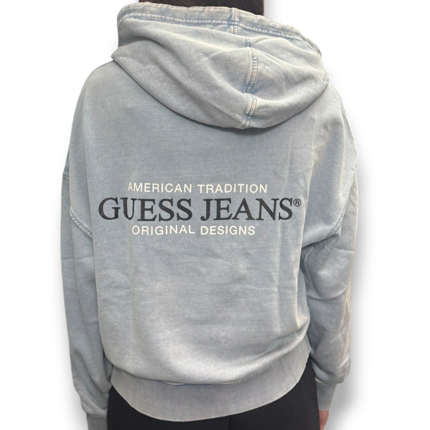 GUESS-Felpa estiva Donna, con cappuccio e stampa lato cuore e sulla schiena, tex.cotone garzato, effetto jeans
