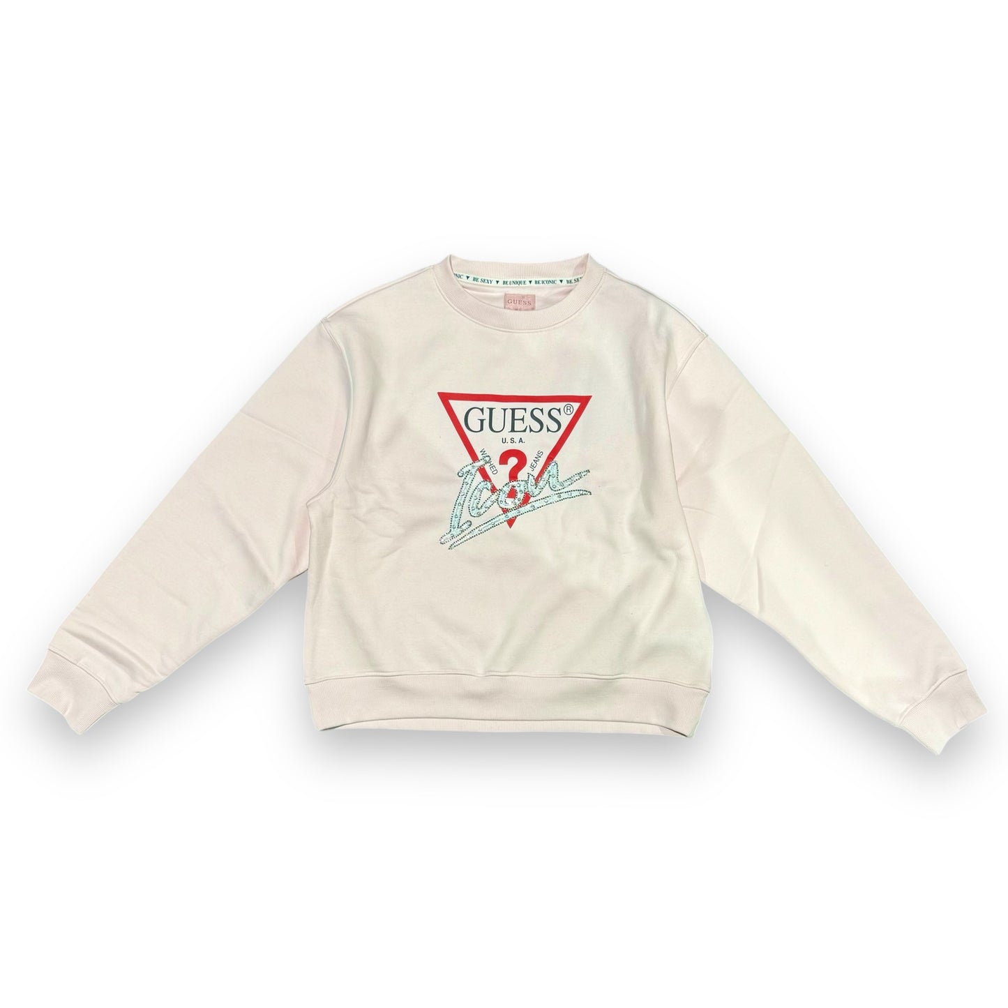 Felpa GUESS Donna, Felpata, col. Rosa, Girocollo Stampa frontale brillantinata