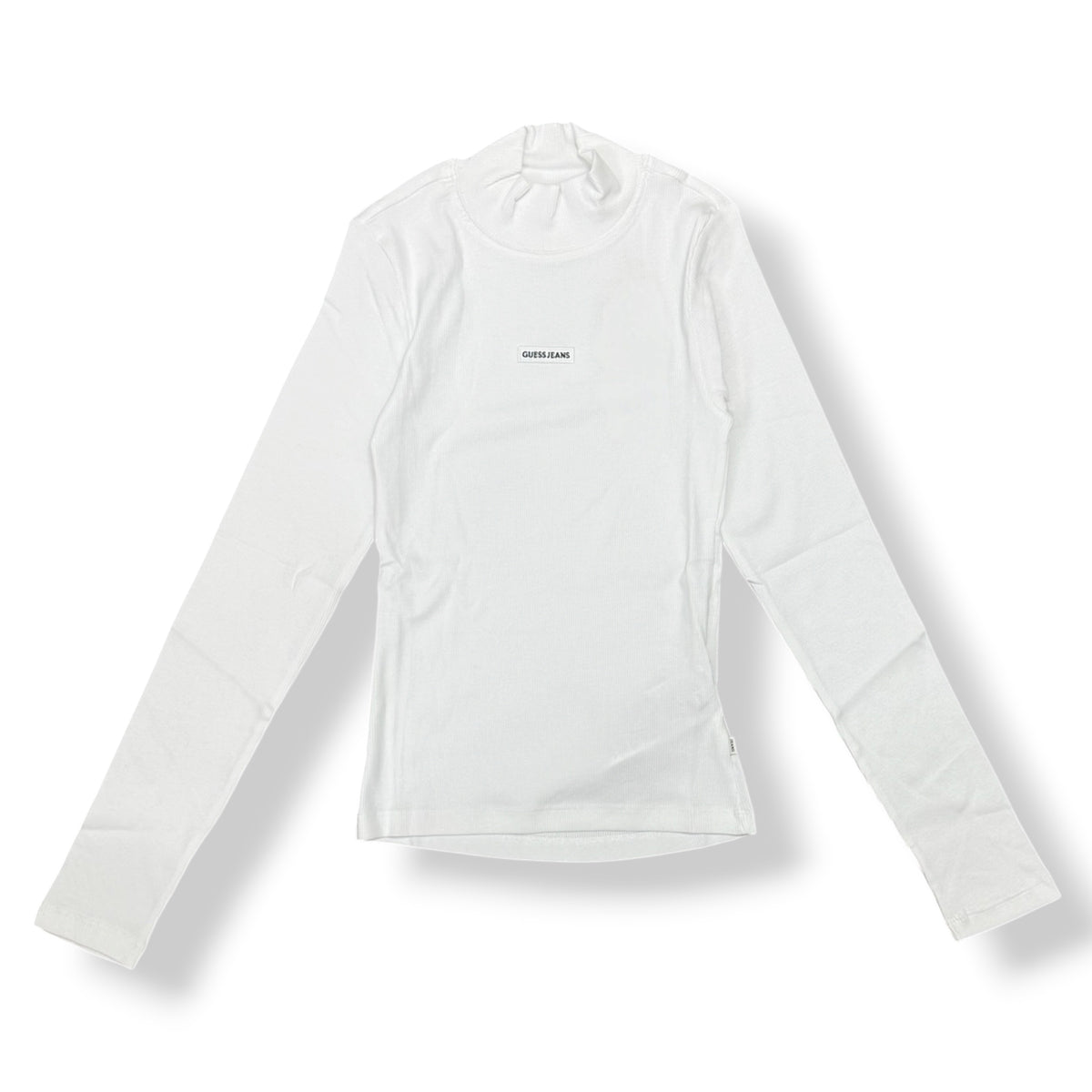 GUESS JEANS- T-shirt Donna, manica lunga e colletto, a costine, con targhetta frontale piccola, Col.Bianco