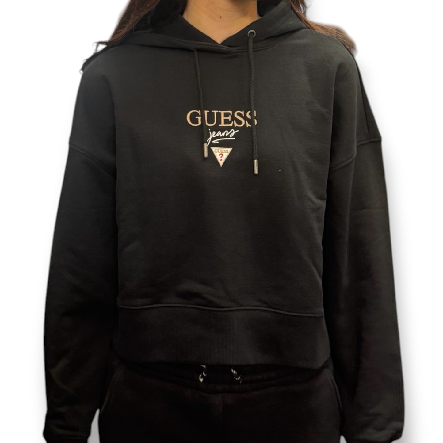 GUESS-Felpa estiva Donna, con cappuccio e ricamo frontale, tex.cotone garzato, Col.Nero