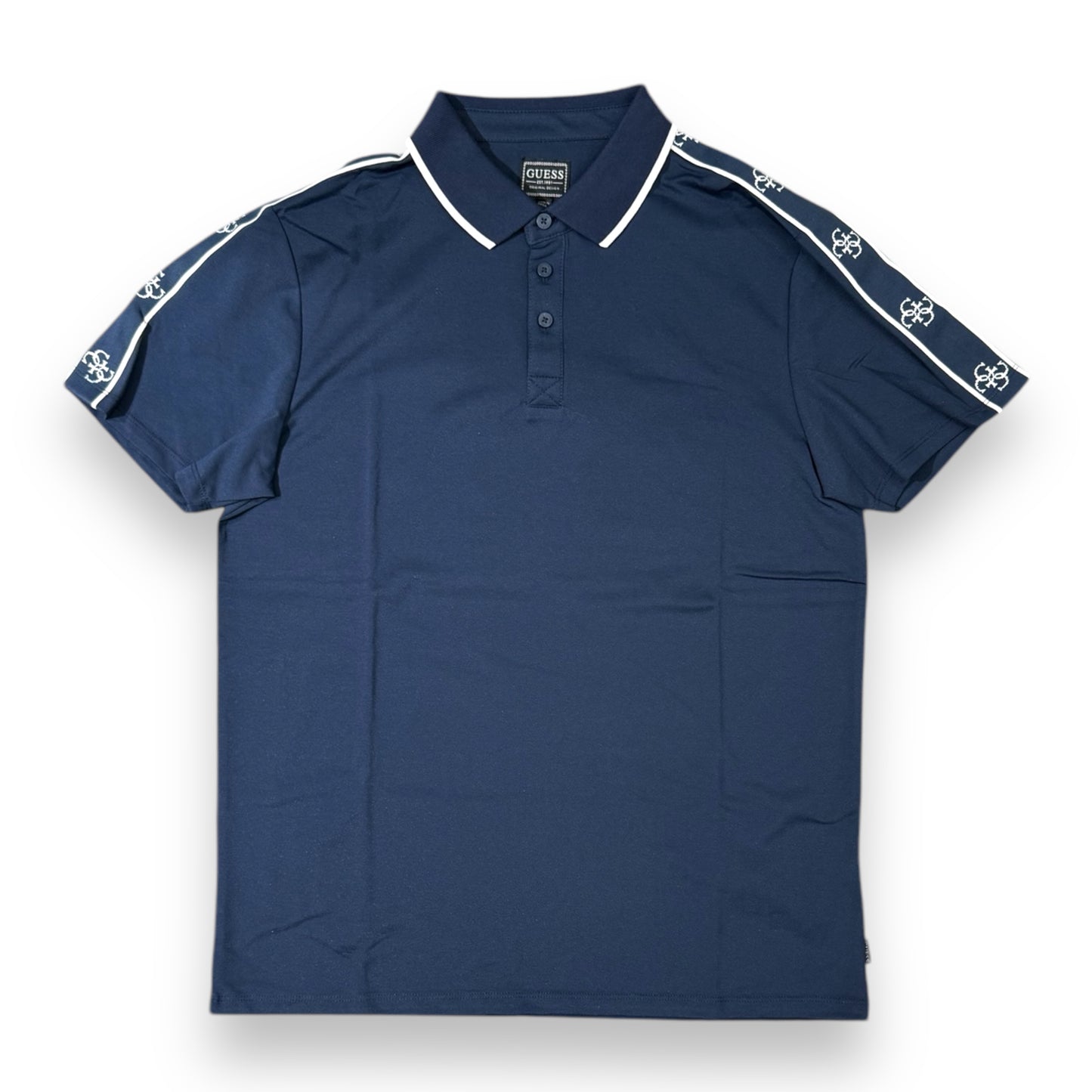Polo GUESS Uomo, in tessuto tecnico bordino a contrasto sul collo con banda logata sulle braccia , Col.Blu, (SlimFit)