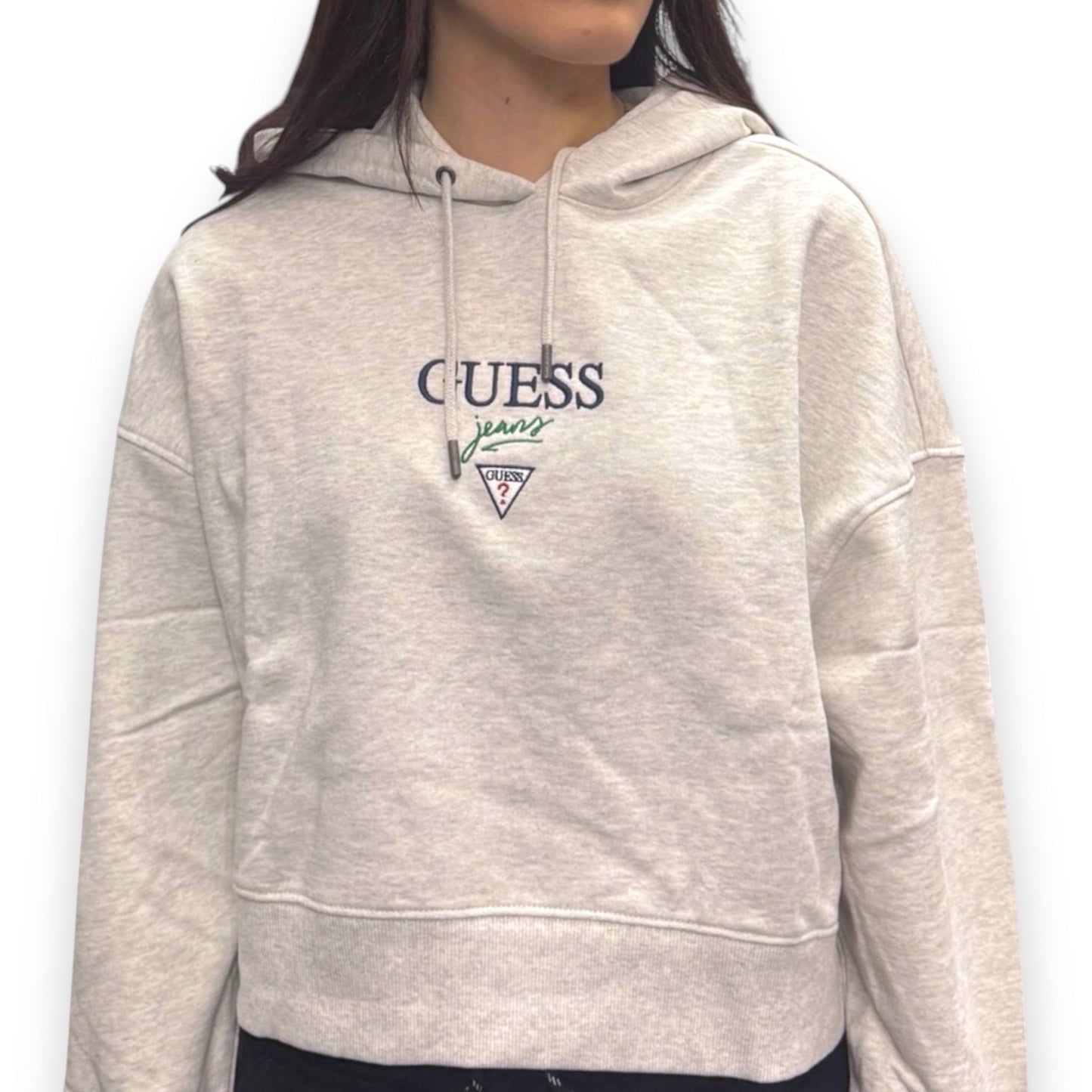 GUESS-Felpa estiva Donna, con cappuccio e ricamo frontale, tex.cotone garzato, Col.Grigio