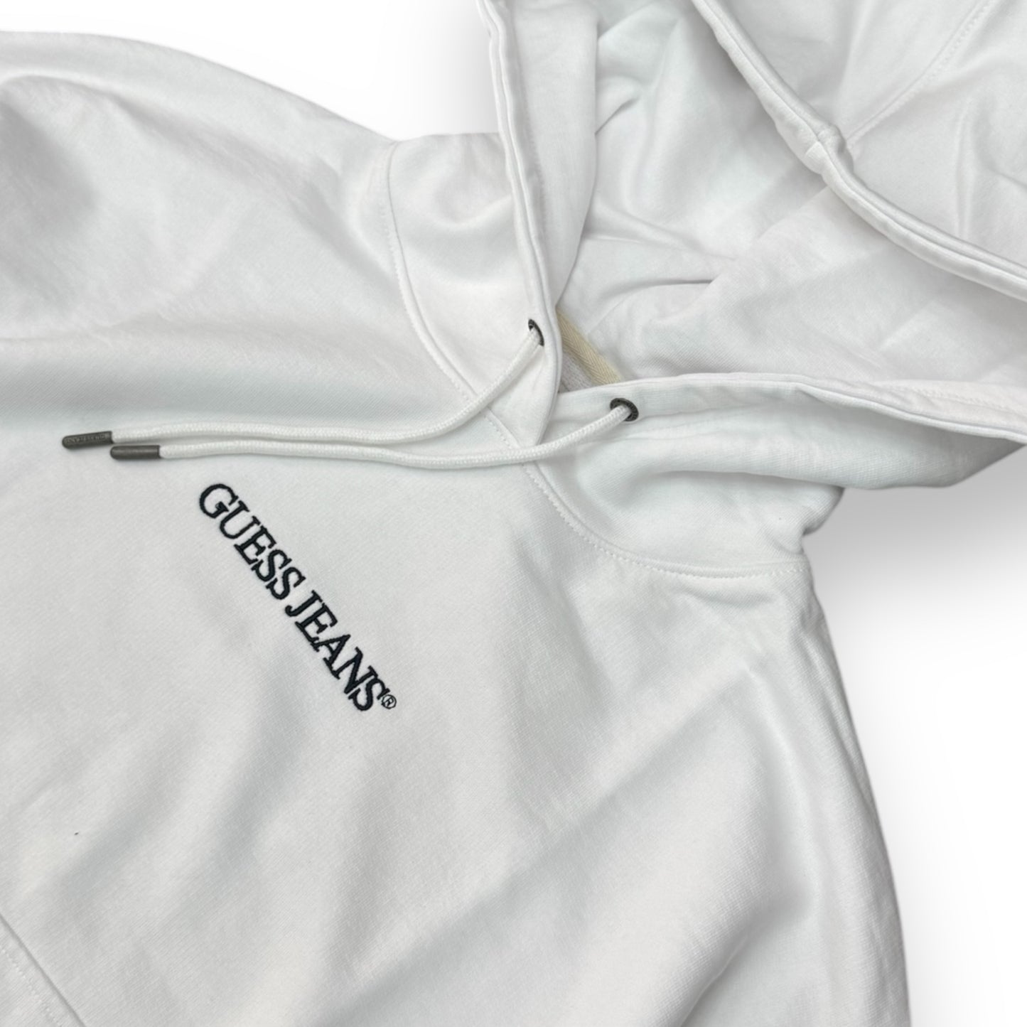 Felpa GUESS JEANS Donna con cappuccio e stampa frontale, tex. cotone garzato , Over size Fit, Col.Bianco