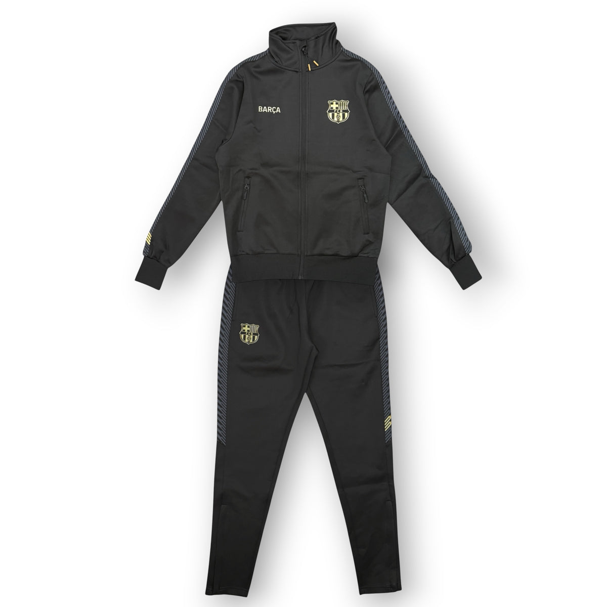 BARCELLONA- Tuta completa Uomo, senza cappuccio, con zip sulla caviglia, con dettagli oro, tex.Acetato, col.Nero
