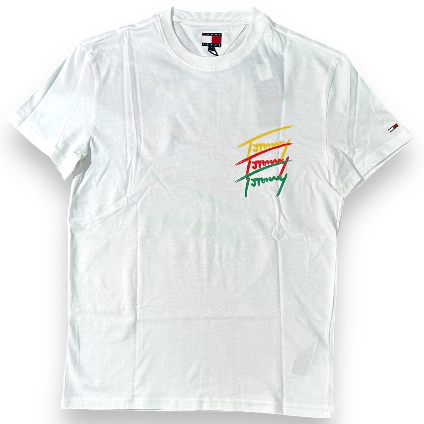 T-shirt TOMMY JEANS, con stampa multicolor lato cuore e dietro la schiena , Col.Bianco