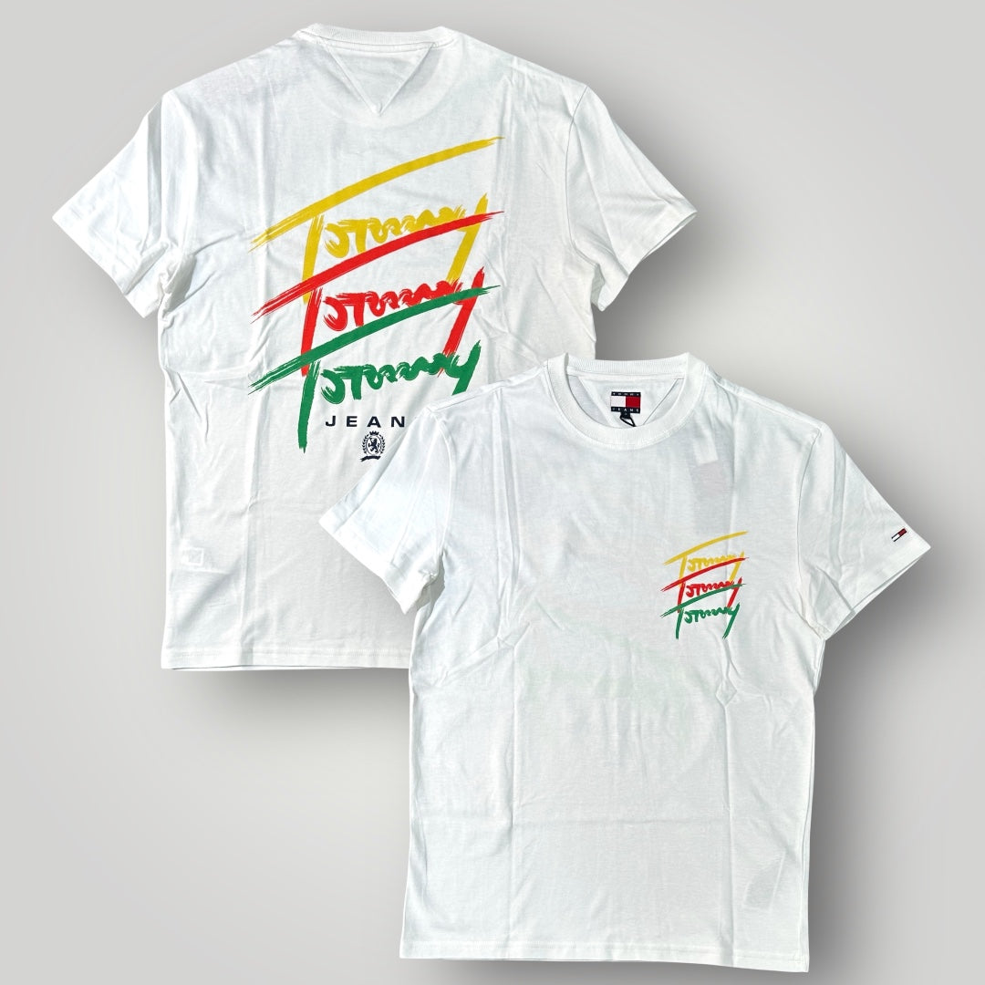 T-shirt TOMMY JEANS, con stampa multicolor lato cuore e dietro la schiena , Col.Bianco