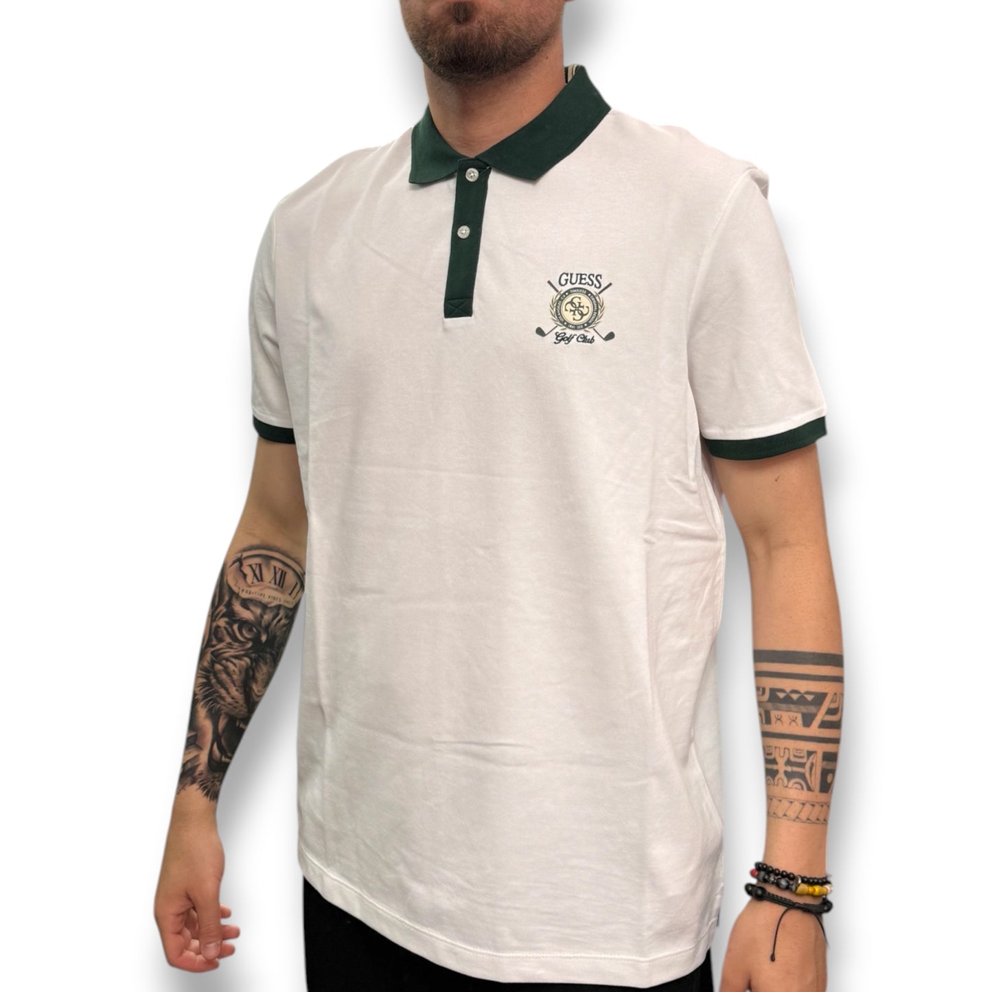 GUESS- Polo Uomo, Regular Fit, con logo lato cuore stampato e colletto verde, Col.Bianco