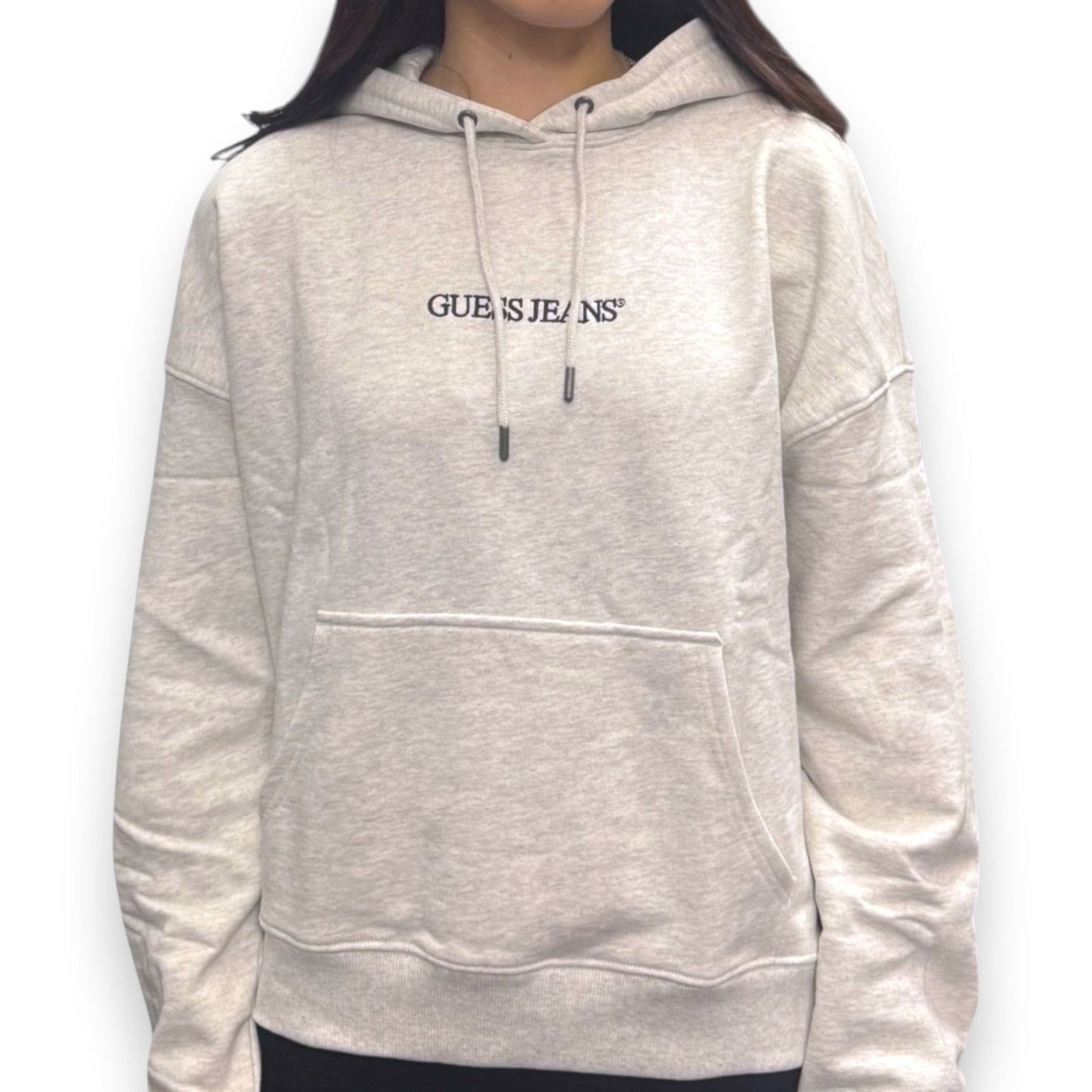 GUESS-Felpa estiva Donna, con cappuccio e ricamo frontale, tex.cotone garzato, Col.Grigio