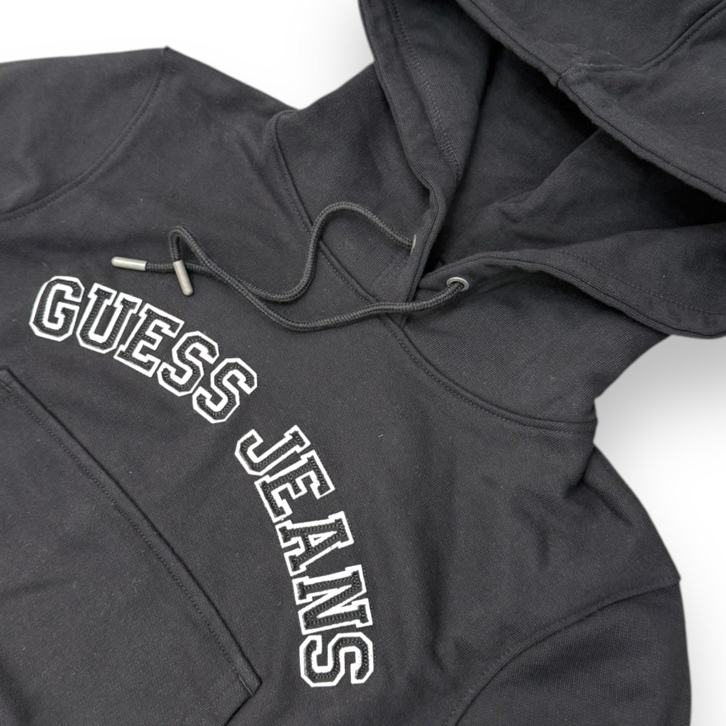 Felpa GUESS JEANS Donna con cappuccio e stampa frontale, tex. cotone garzato , Cropped Fit, Col.Nera