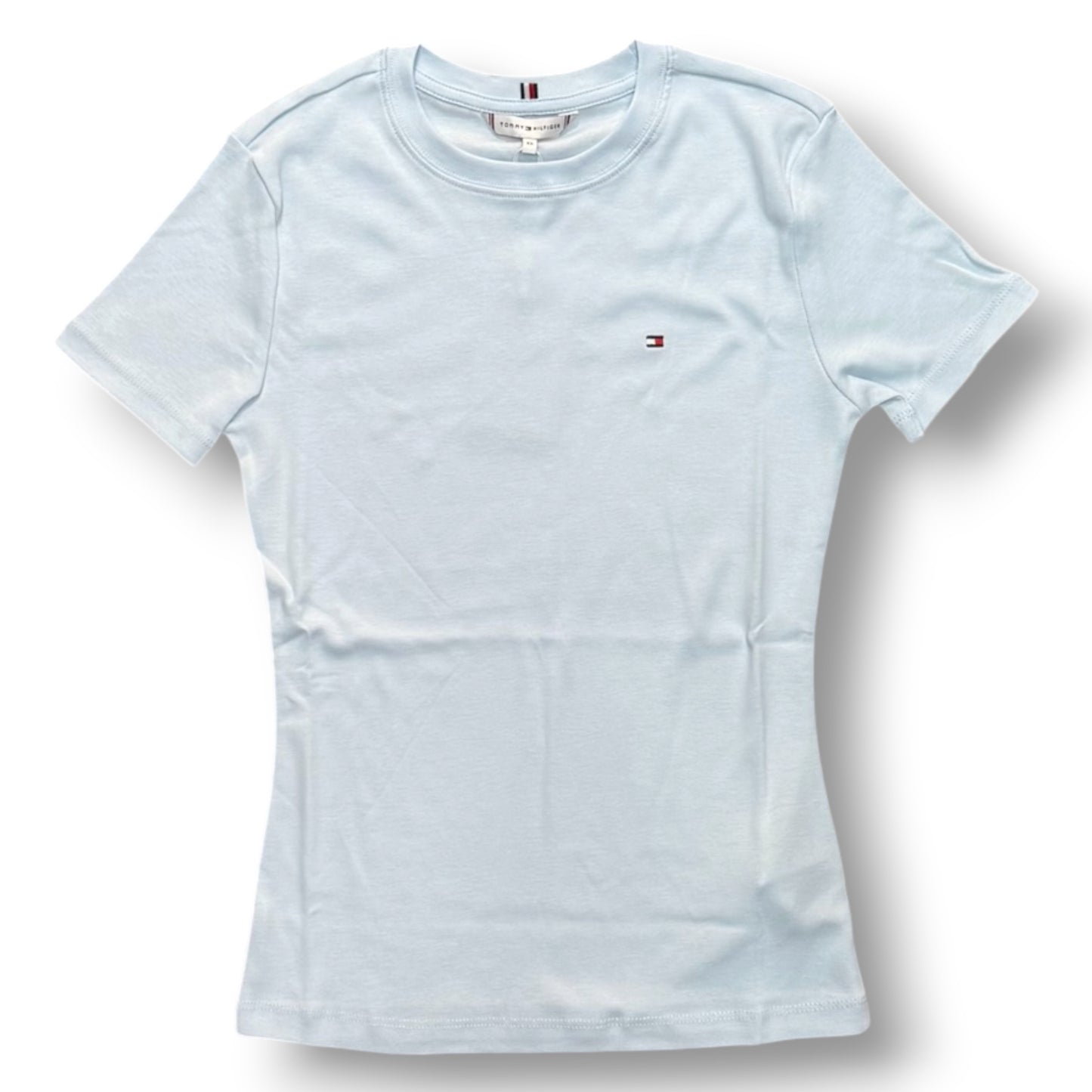 TOMMY HILFIGER- T-shirt Donna, con logo ricamato lato cuore, Slim Fit, col.Azzurro