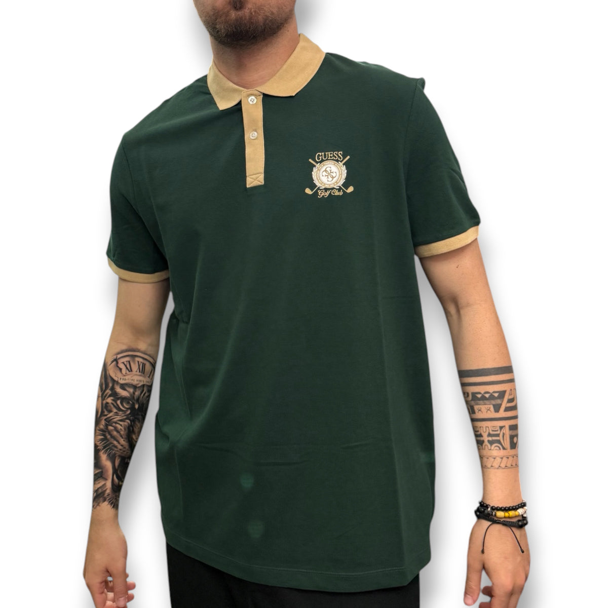 GUESS- Polo Uomo, Regular Fit, con logo lato cuore stampato e colletto beige, Col.Verde