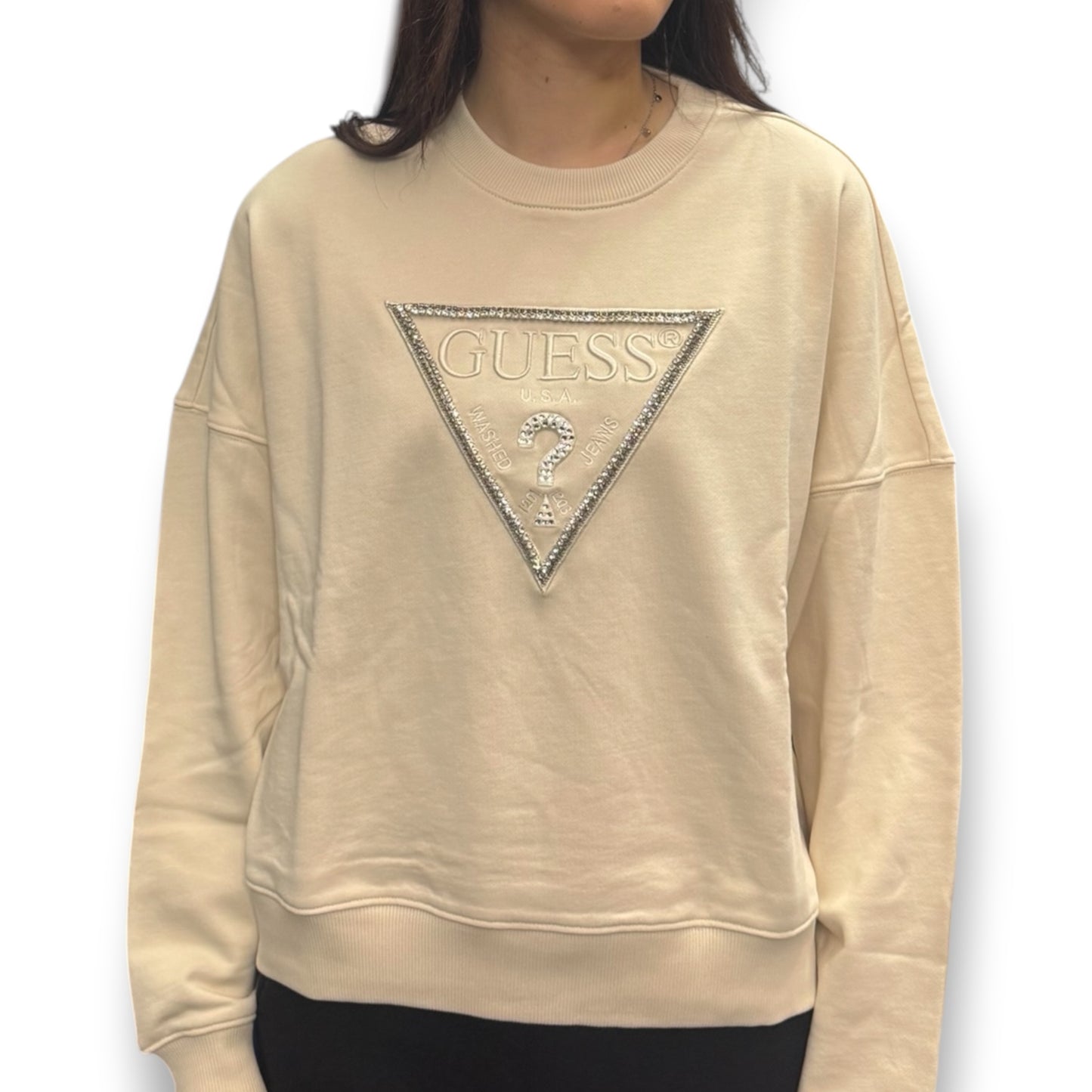 GUESS-Felpa estiva Donna, girocollo, con applicazioni e ricamo frontale, tex.cotone garzato, Col.Beige