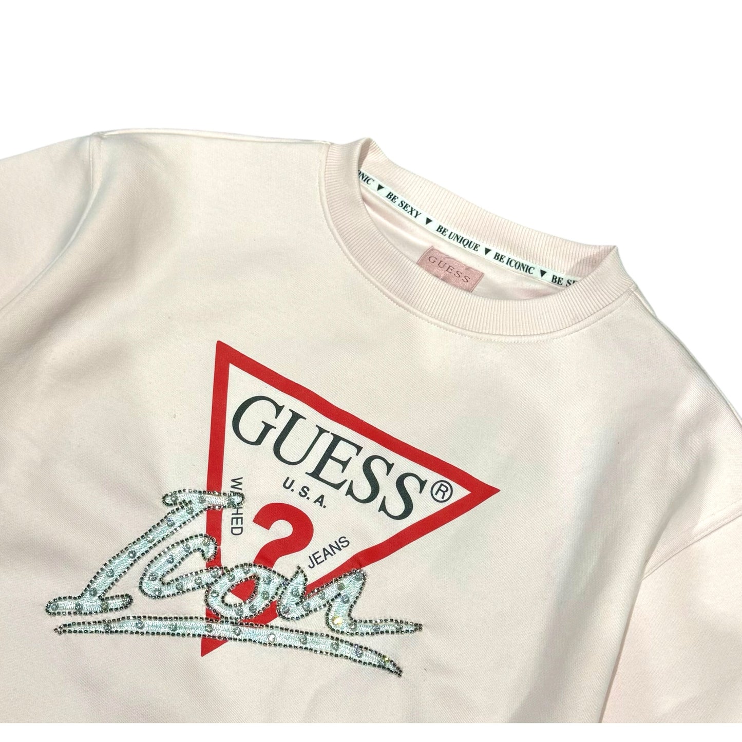 Felpa GUESS Donna, Felpata, col. Rosa, Girocollo Stampa frontale brillantinata