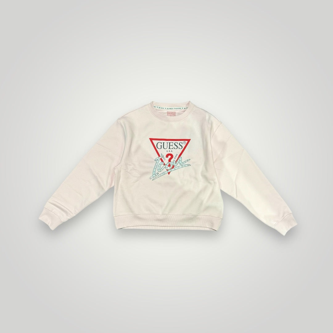 Felpa GUESS Donna, Felpata, col. Rosa, Girocollo Stampa frontale brillantinata