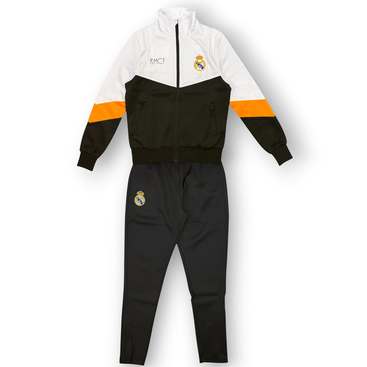 REAL MADRID- Tuta completa Uomo, senza cappuccio, con zip sulla caviglia, tex.Acetato, col.Bianco/Nero