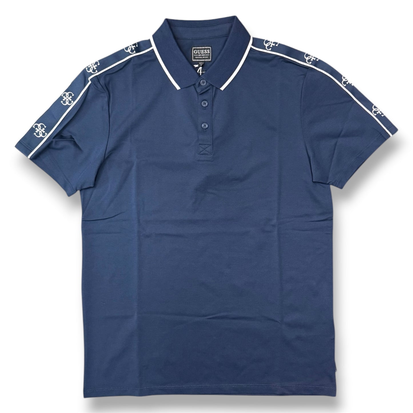 GUESS- Polo Uomo, in tessuto tecnico, con logo sulle spalle, Slim Fit, col.Blu