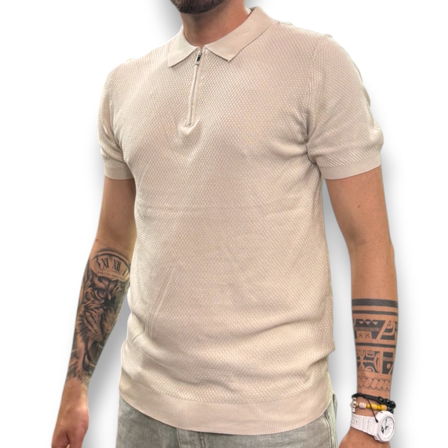 BRUNO LEONI - Polo Uomo con mezza zip, in filo, Col.Beige