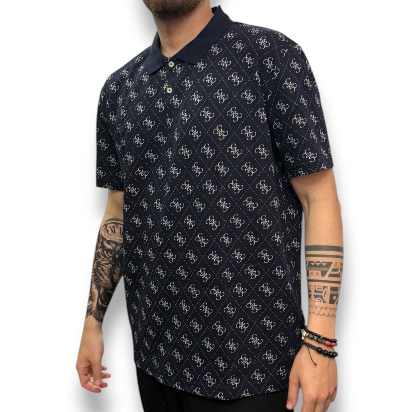 GUESS- Polo Uomo, in maglina, Regular Fit, col.Blu a fantasia