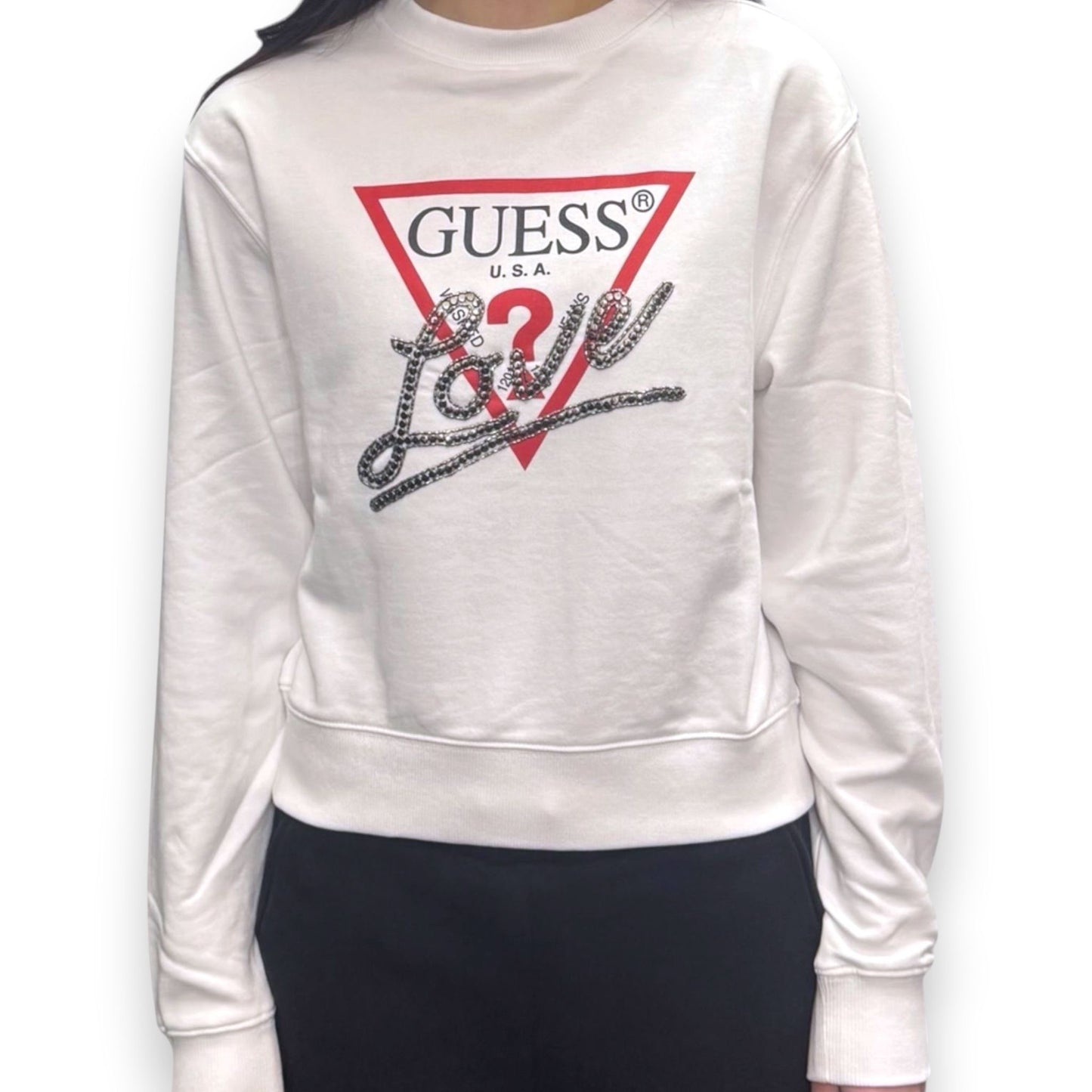 GUESS-Felpa estiva Donna, girocollo, con applicazioni e stampa frontale, tex.cotone garzato, Col.Bianco