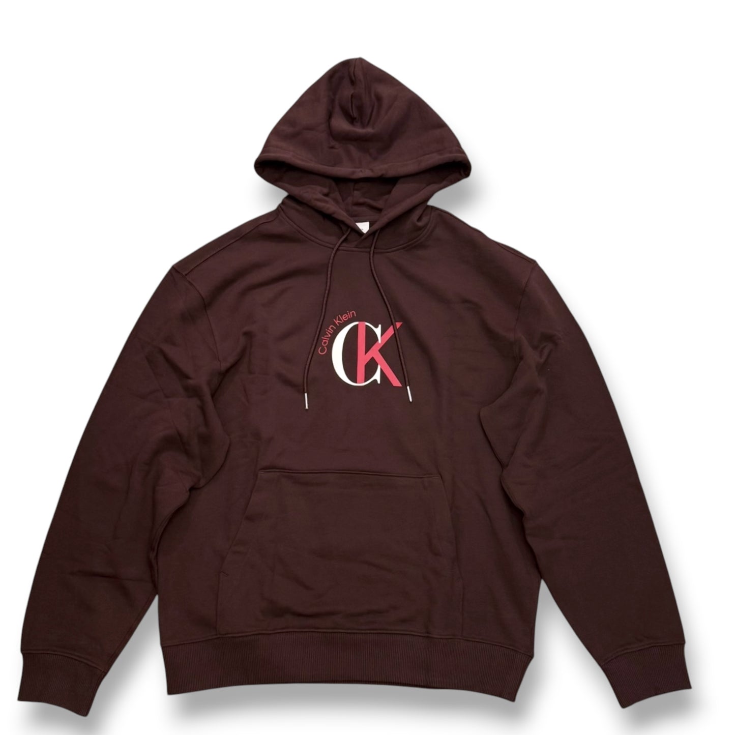 CALVIN KLEIN- Felpa Oversize estiva Uomo, con cappuccio e stampa frontale, tex.cotone garzato, Col.Marrone