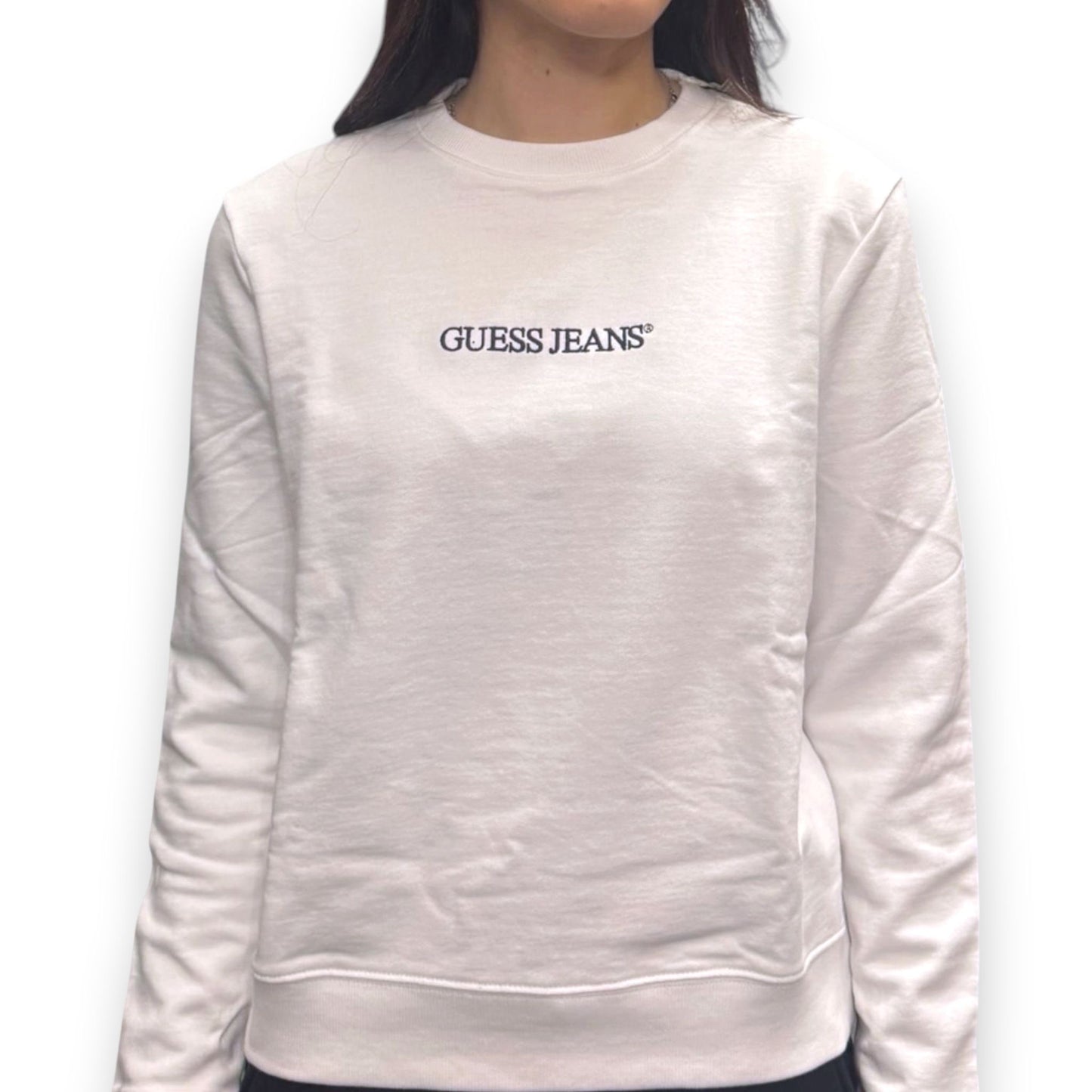 GUESS-Felpa estiva Donna, girocollo e con ricamo frontale, tex.cotone garzato, Col.Bianco
