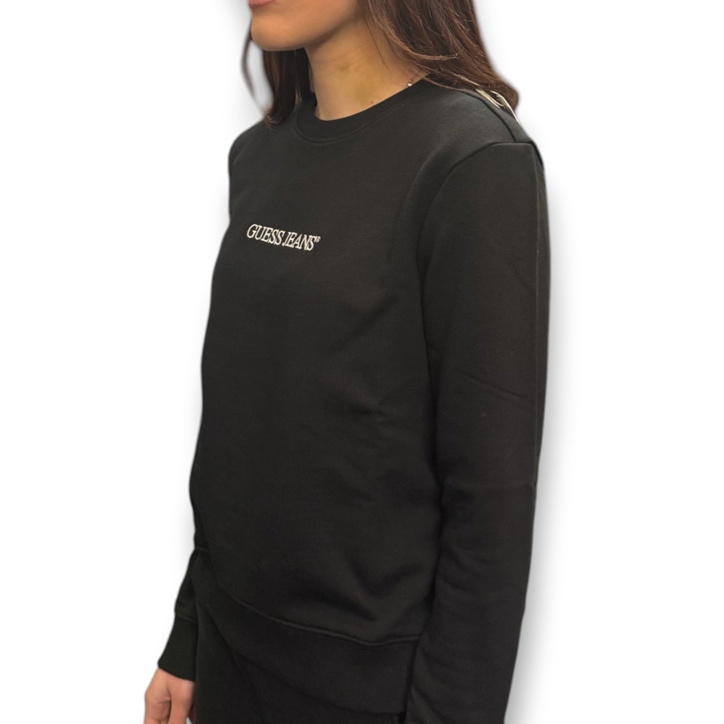 GUESS-Felpa estiva Donna, girocollo e con ricamo frontale, tex.cotone garzato, Col.Nero