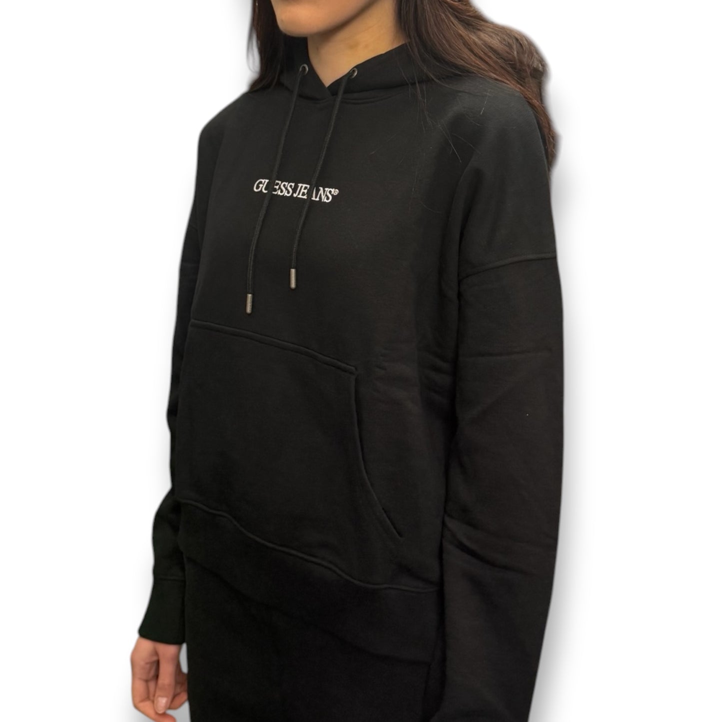 GUESS-Felpa estiva Donna, con cappuccio e ricamo frontale, tex.cotone garzato, Col.Nero