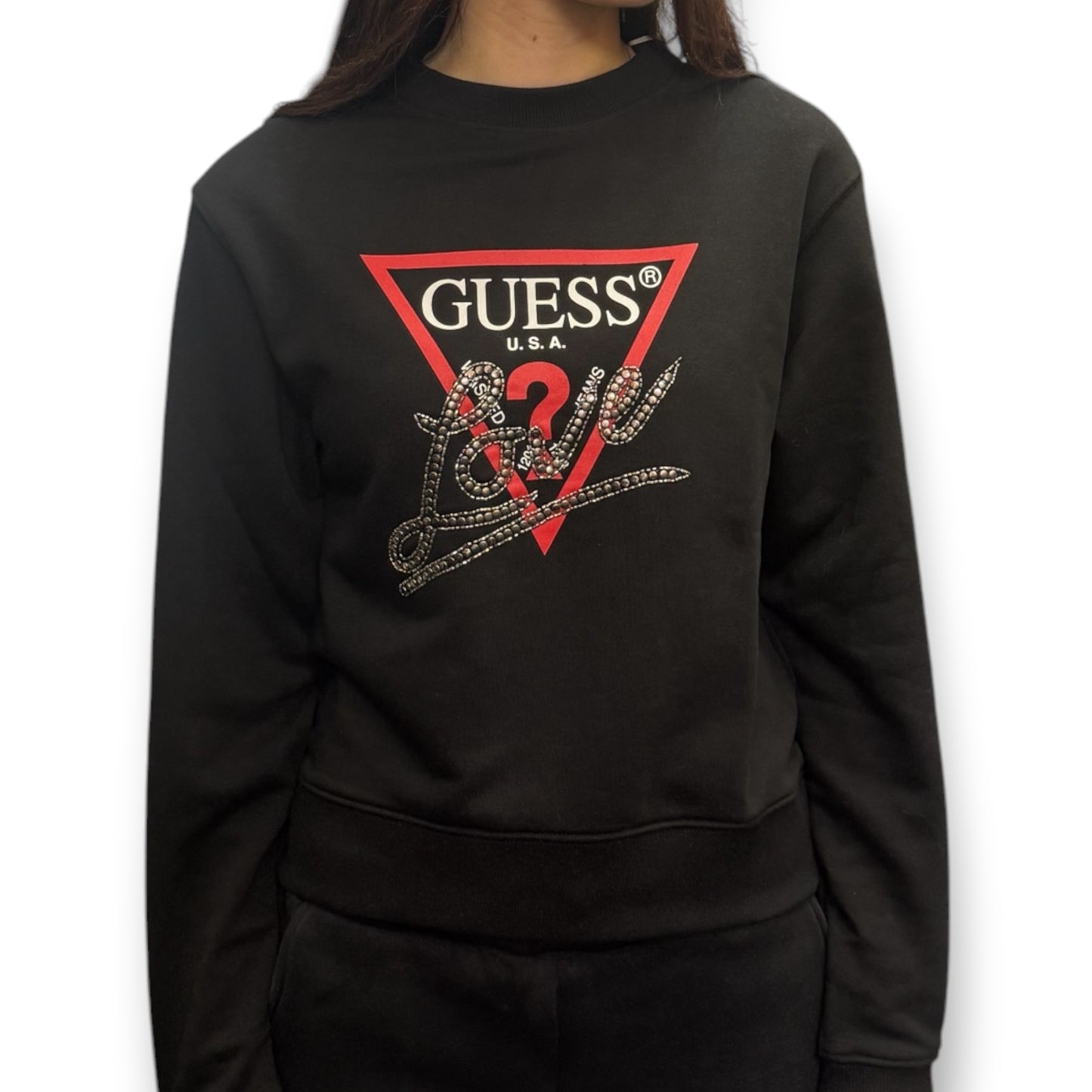 GUESS-Felpa estiva Donna, girocollo, con applicazioni e stampa frontale, tex.cotone garzato, Col.Nero