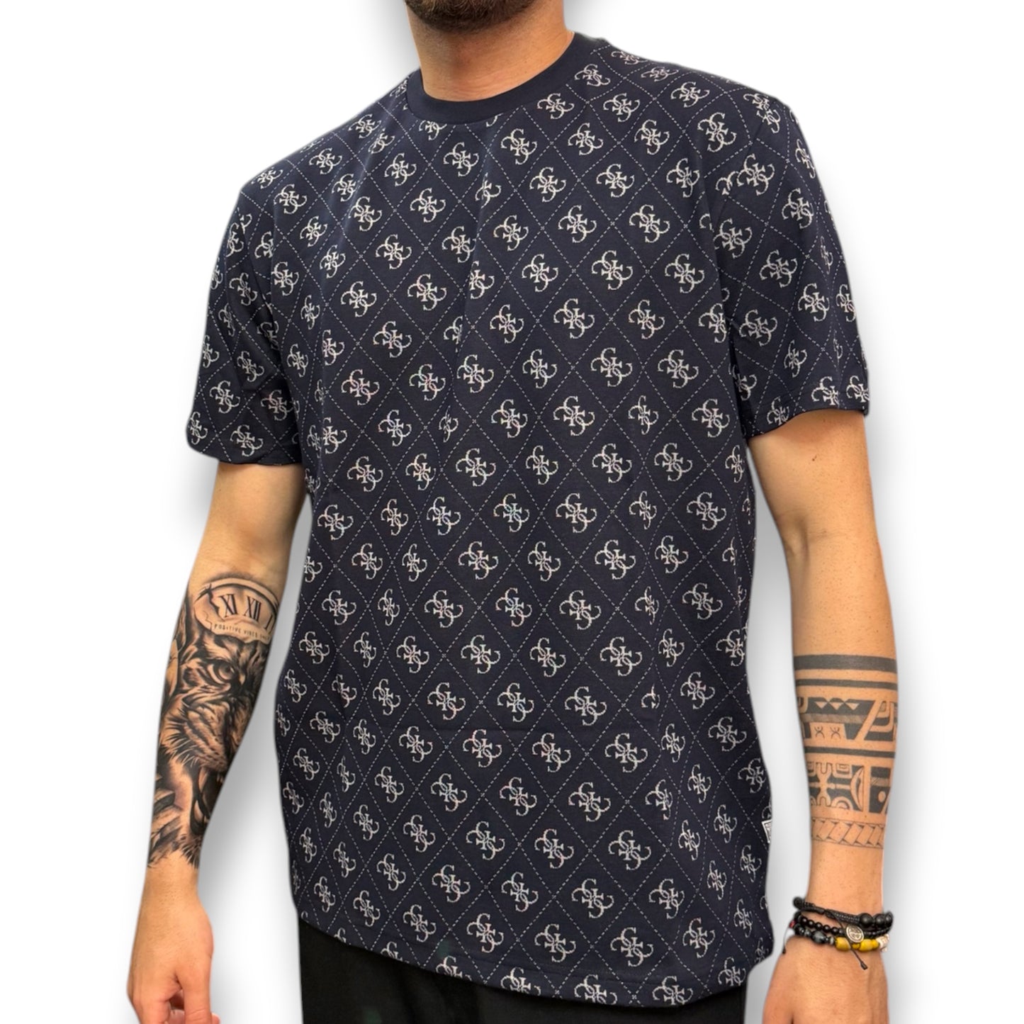 GUESS- T-shirt Uomo, in maglina, Regular Fit, col.Blu a fantasia