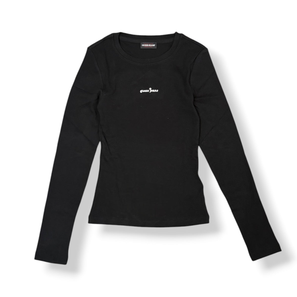 GUESS JEANS- T-shirt Donna, manica lunga, tex.costine, con scritta ricamata frontale, Col.Nero
