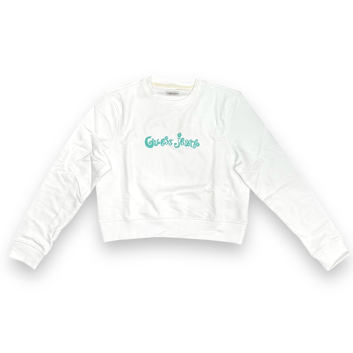 Felpa GUESS JEANS Donna girocollo con logo frontale gommato, Cropped fit, tex.garzato, Col.Bianco