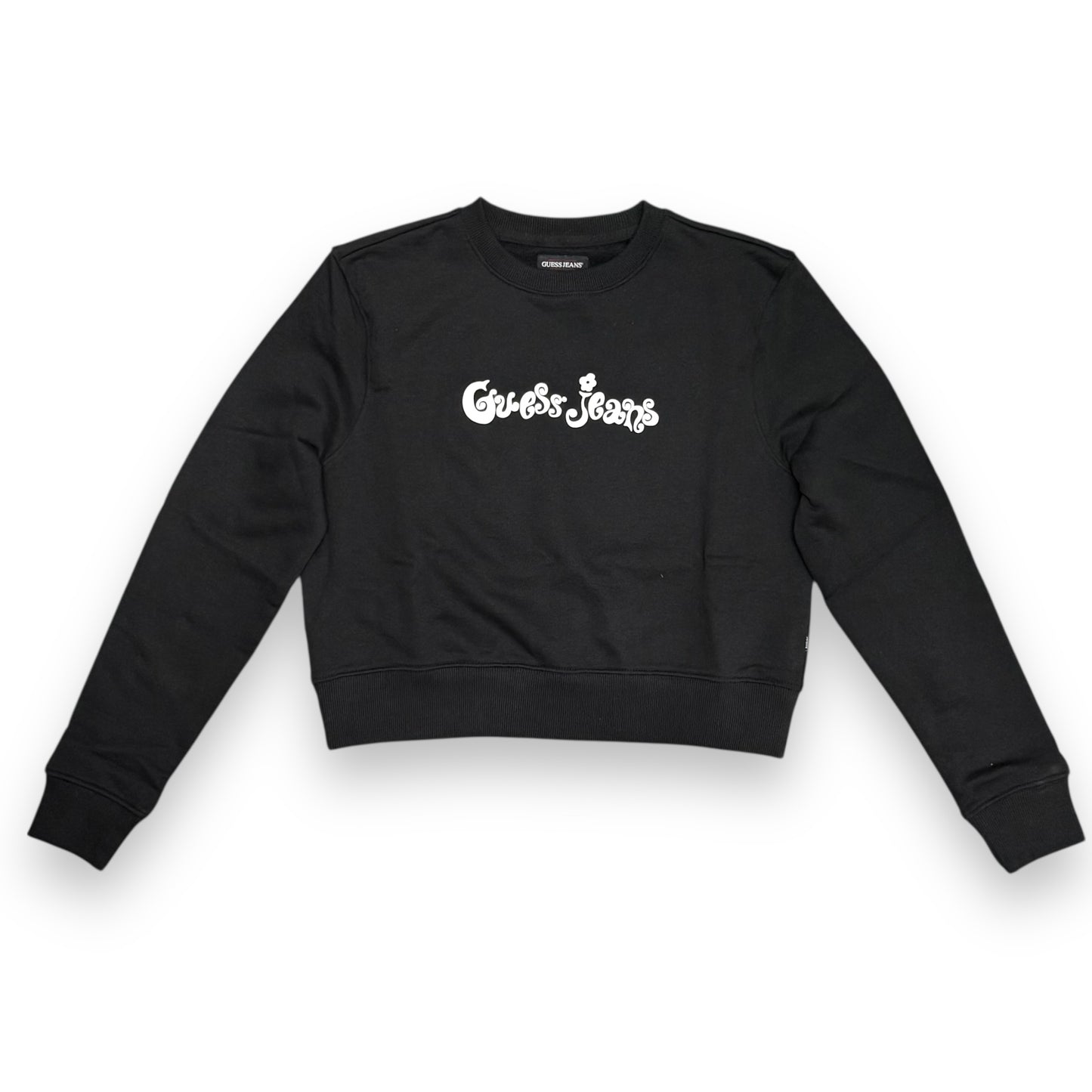 Felpa GUESS JEANS Donna girocollo con logo frontale gommato, Cropped fit, tex.garzato, Col.Nero