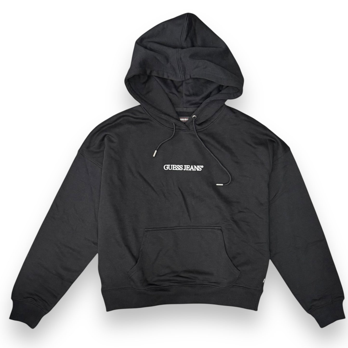 Felpa GUESS JEANS Donna con cappuccio con logo frontale ricamato, tex.garzato, Oversize fit, Col.Nero