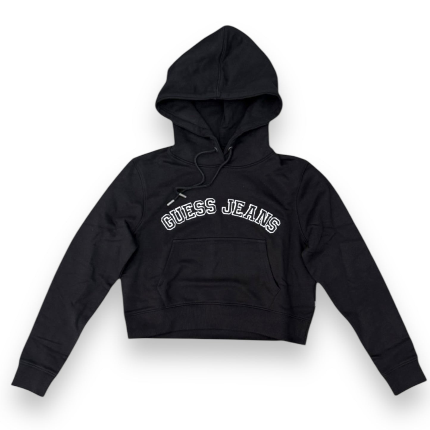 Felpa GUESS JEANS Donna con cappuccio e stampa frontale, tex. cotone garzato , Cropped Fit, Col.Nera