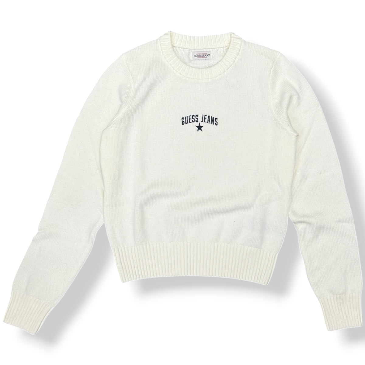 GUESS JEANS - Maglioncino Donna, con scritta ricamata frontale, Col.Bianco