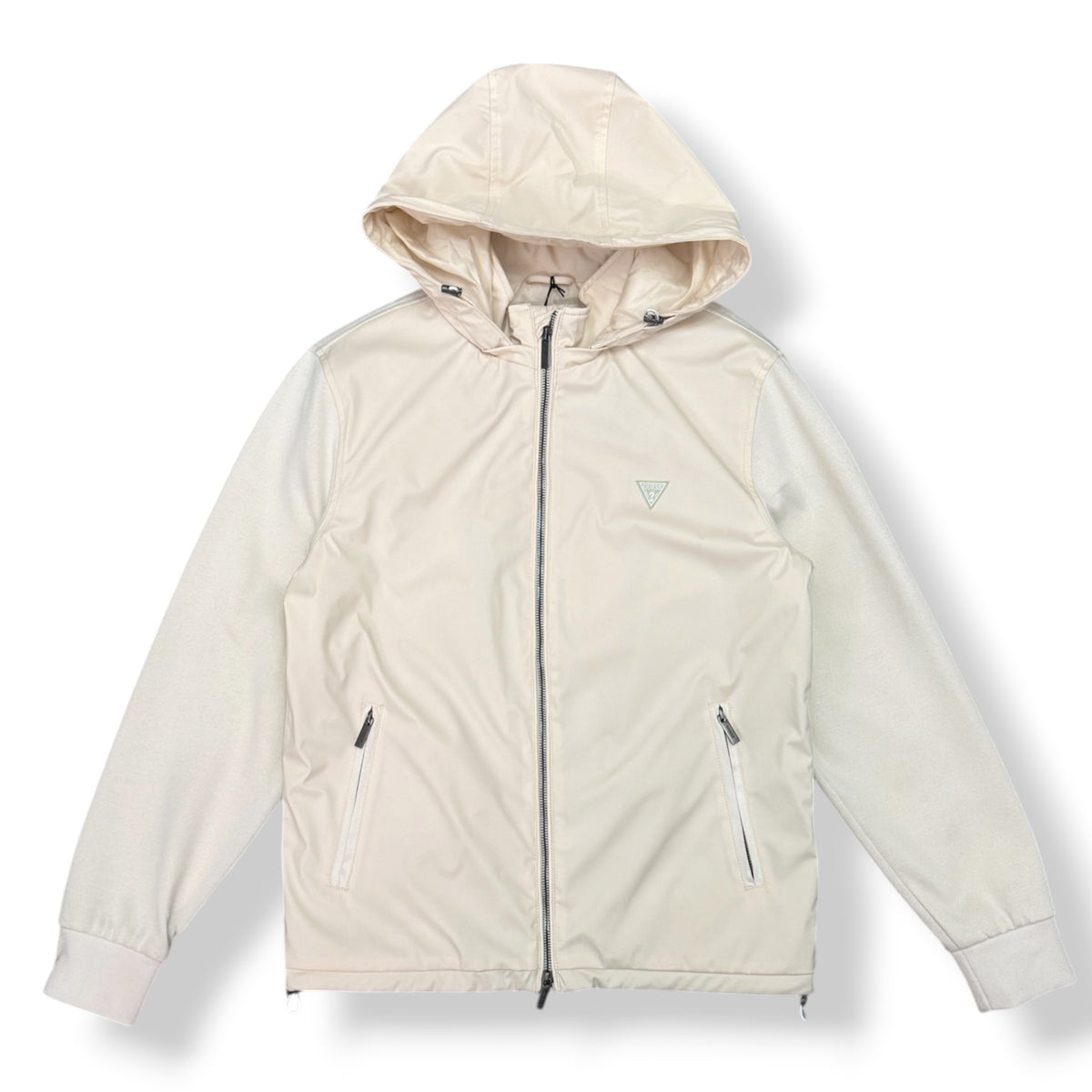 GUESS - Giubbotto Uomo, con maniche e retro in felpa, con cappuccio sganciabile, Col.Panna