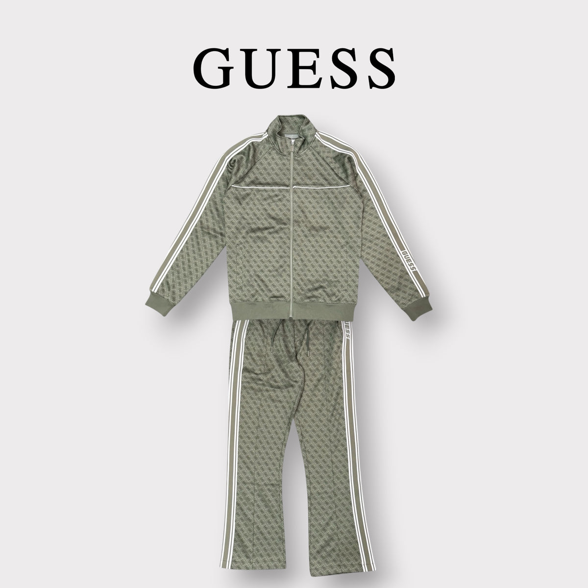 GUESS - Tuta completa Uomo, con banda laterale, logata, con pantalone a fondo largo, Col.Verde