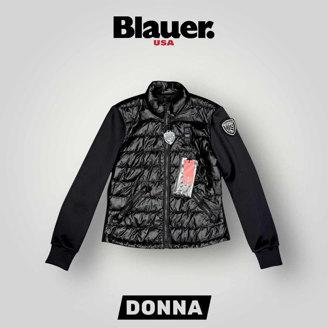 Giubbotto Blauer Donna, piumino 70g con inserito in neoprene e scudetto Swarovski, senza cappuccio, mod.HASKEL, Col.Nero