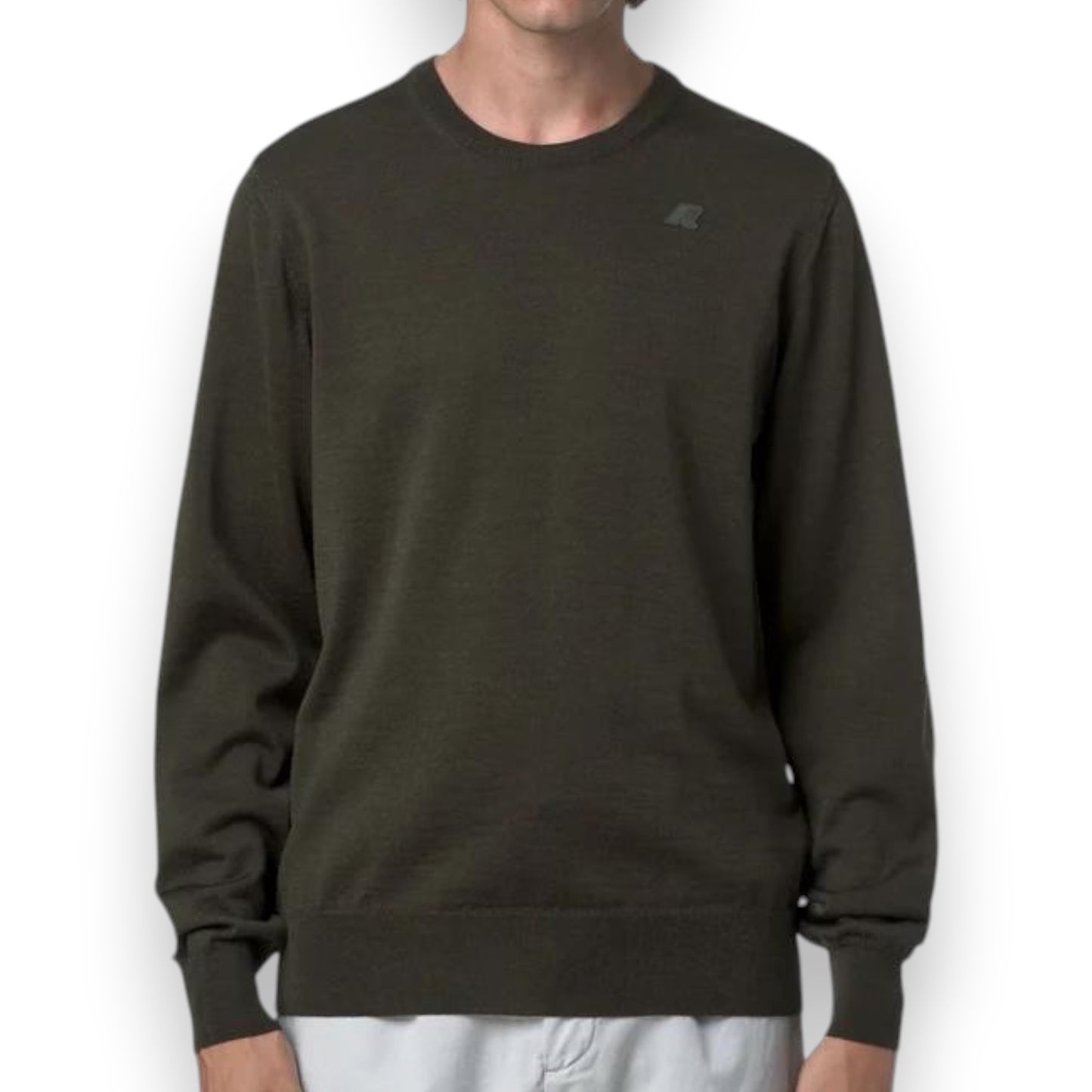 Maglioncino K-WAY Uomo, con logo lato cuore, 100% Lana Vergine, col.Green Blackish