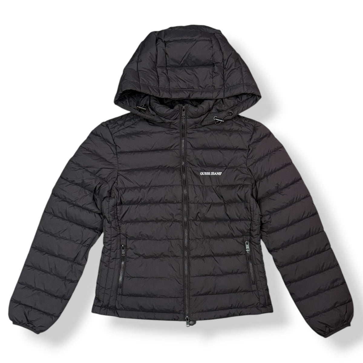 GUESS - Giubbotto Piumino Donna, con cappuccio sganciabile, con logo stampato lato cuore, Col.Nero