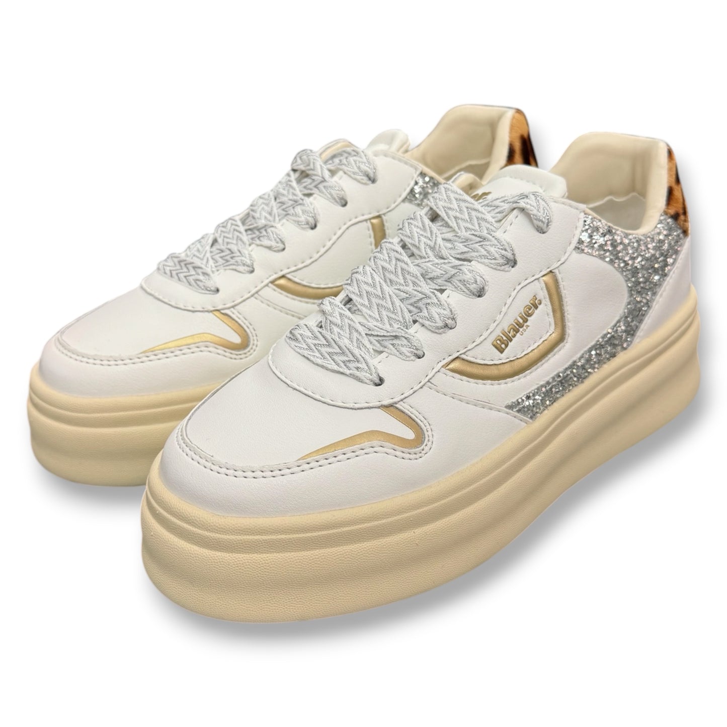 BLAUER - Scarpe Donna, con paillettes e dettaglio leopardato, col.Bianco