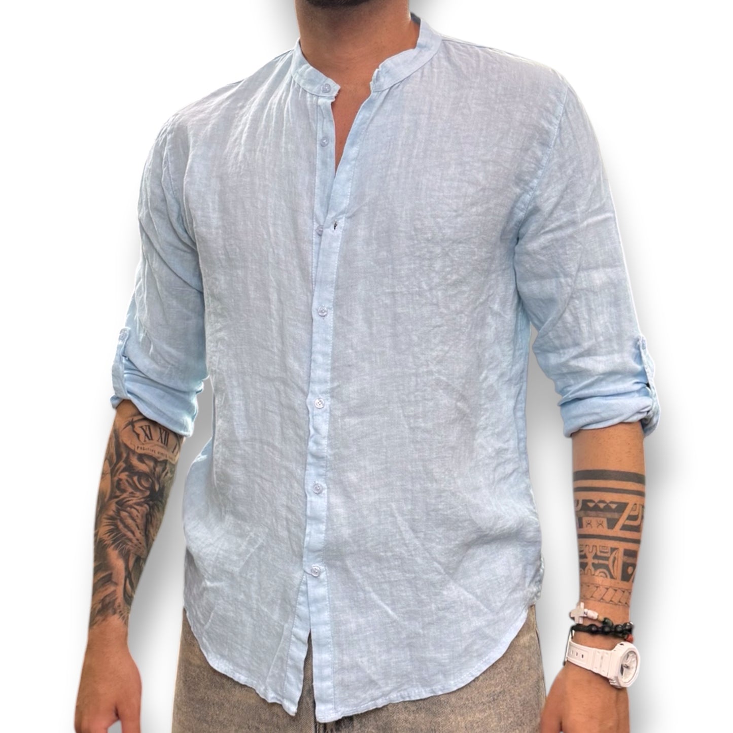 Camicia senza colletto, Tex.Lino, Col.Celeste