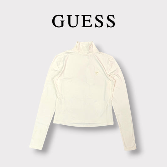 GUESS- T-shirt Donna, manica lunga, con colletto, logo lato cuore, Col.Panna