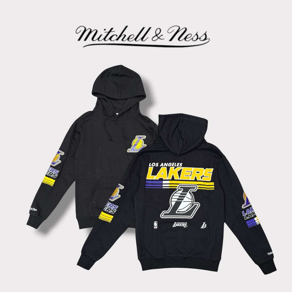 MITCHELL & NESS - Felpa Uomo LAKERS con cappuccio e stampa schienale, tex.felpato, Col.Nero