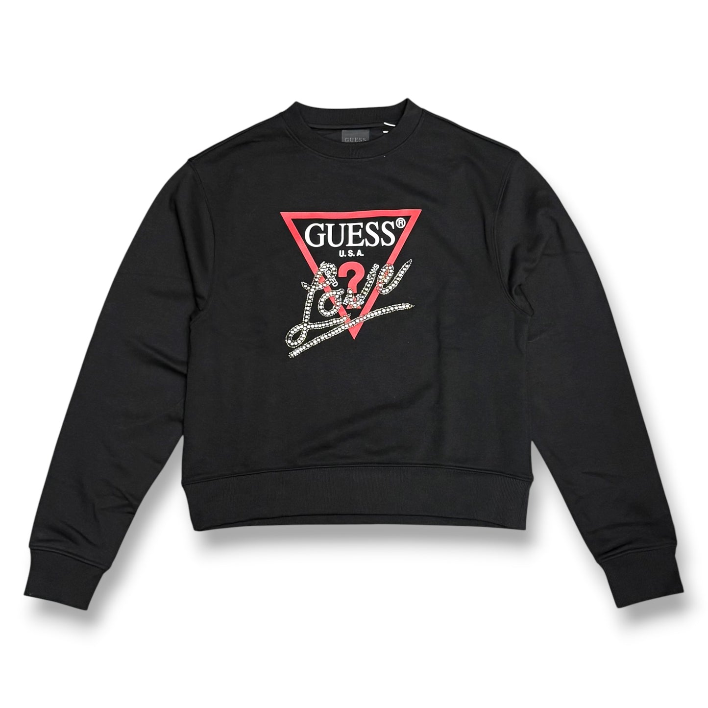 GUESS-Felpa estiva Donna, girocollo, con applicazioni e stampa frontale, tex.cotone garzato, Col.Nero