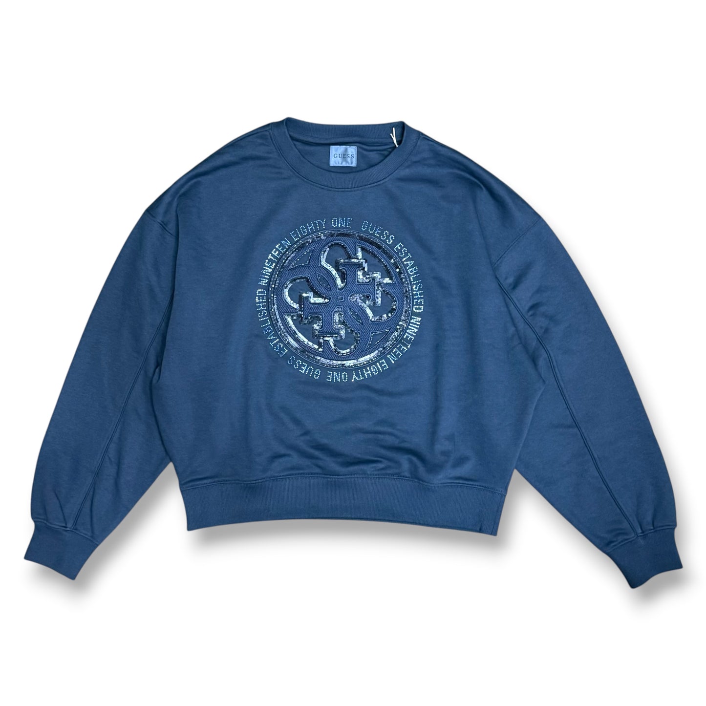GUESS-Felpa estiva Donna, girocollo, con ricamo frontale e paillettes, tex.cotone garzato, Col.Blu