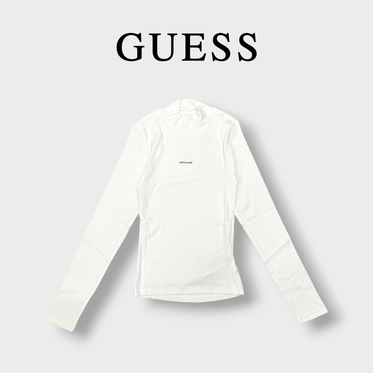 GUESS JEANS- T-shirt Donna, manica lunga e colletto, a costine, con targhetta frontale piccola, Col.Bianco