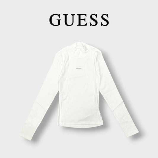 GUESS JEANS- T-shirt Donna, manica lunga e colletto, a costine, con targhetta frontale piccola, Col.Bianco