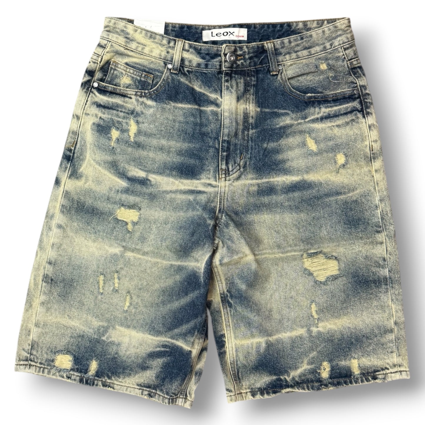 LEOX - Bermuda Uomo Baggy Fit sfumato con rotture (lunghezza sotto ginocchio), Col.Denim Sabbiato Scuro