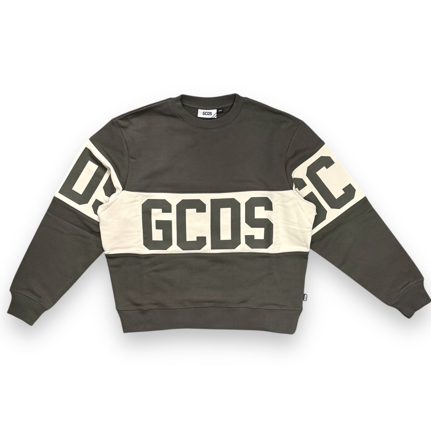 Felpa GCDS girocollo, tex.garzato, col.Verde militare/Beige